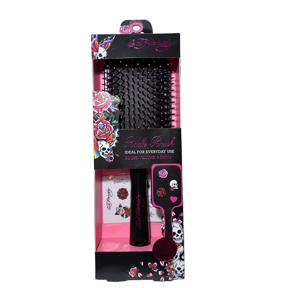 Ed Hardy Paddle Hair Brush Black Pink with Customize Fun Stickers New In Box